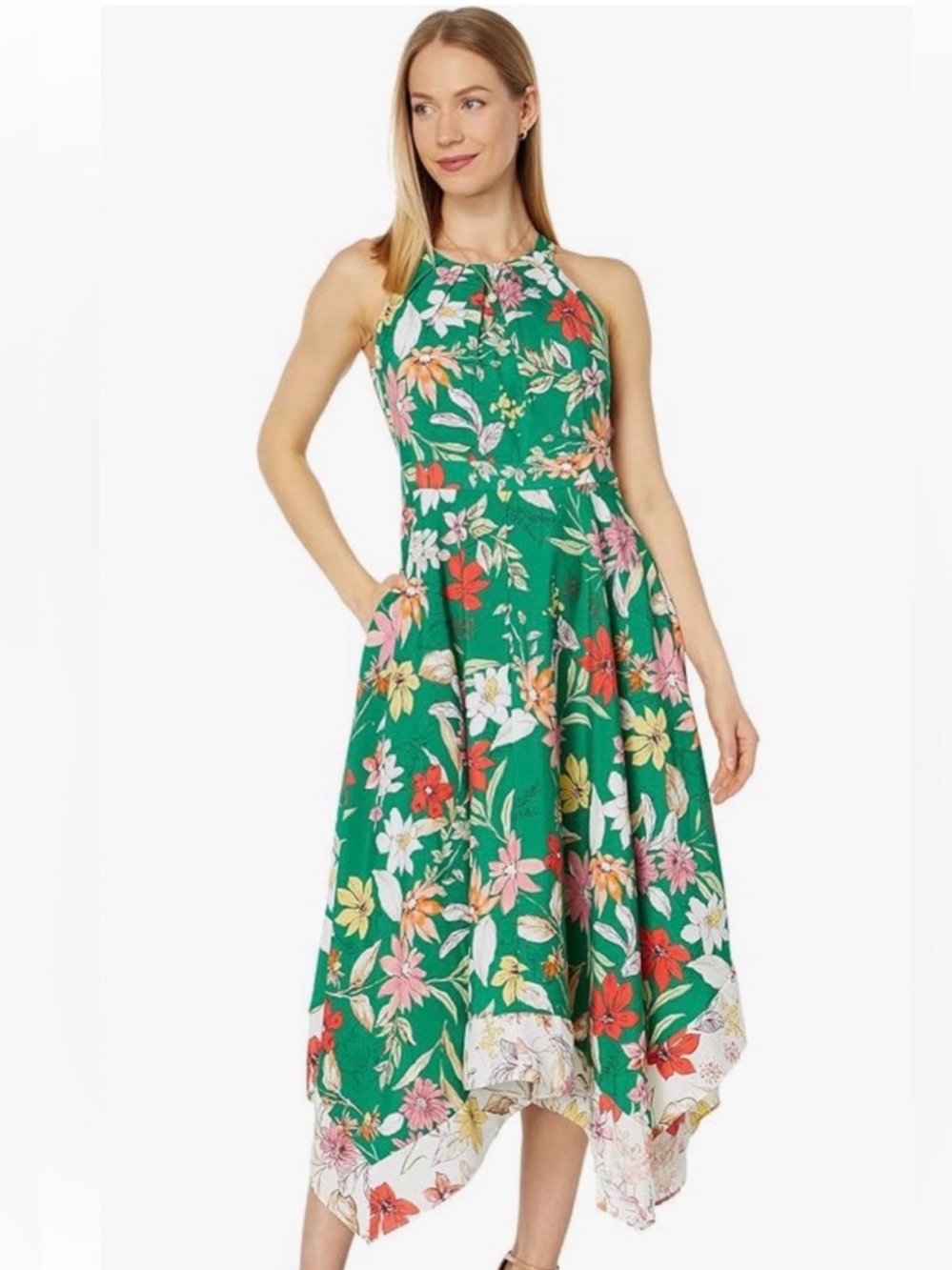 Vince Camuto Womens Floral Halter Neck Handkerchief Dress Green Plus 18W NWOT